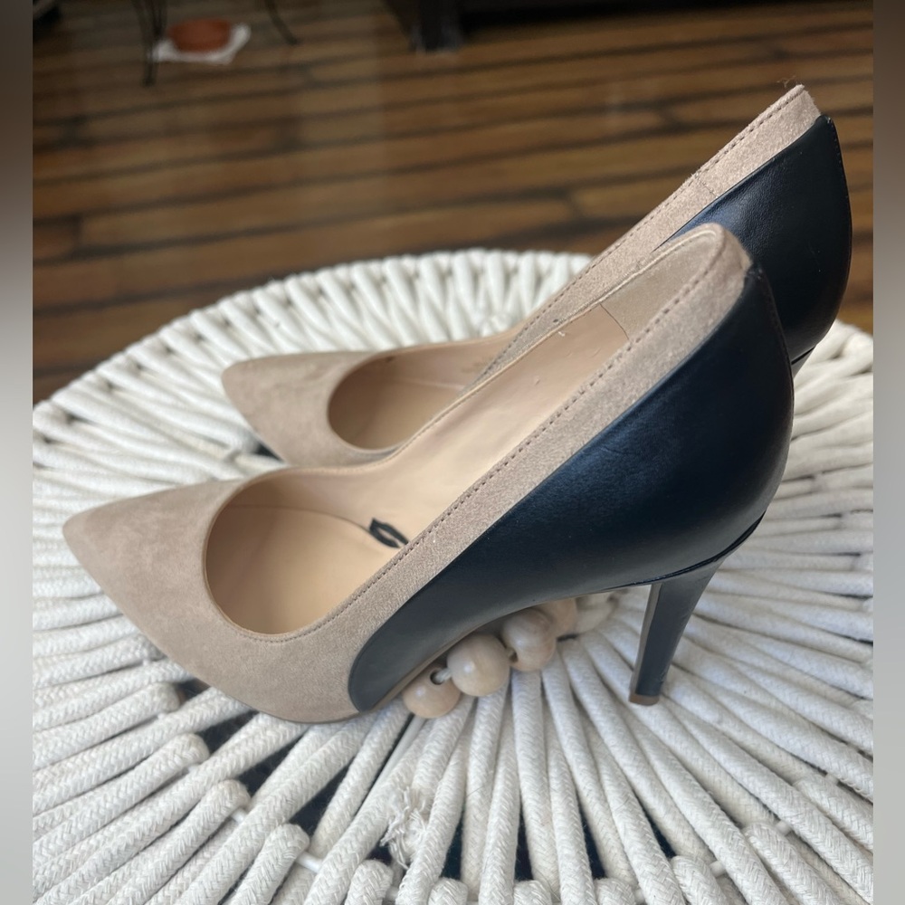 Marc Fisher Two-Tone Beige and Black Pointed-Toe Stiletto Pumps
